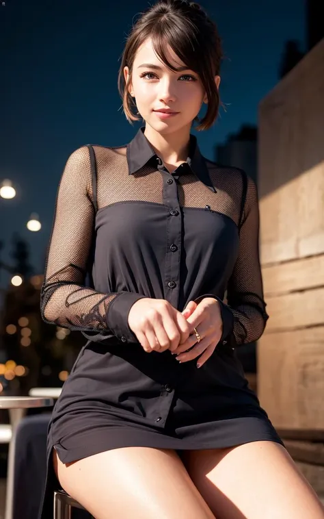<lora:koreanDollLikeness_v10:0.3>(8k, best quality, masterpiece:1.2), (realistic, photo-realistic:1.37), ultra-detailed, 1 girl,cute, solo,beautiful detailed sky,detailed cafe,night,sitting,dating,(nose blush),(smile:1.15),(closed mouth) small breasts,beautiful detailed eyes,(collared shirt:1.1), night, wet, bowtie,business attire, rain,blue jacket, (short hair:1.2),floating hair NovaFrogStyle, cyber, future
