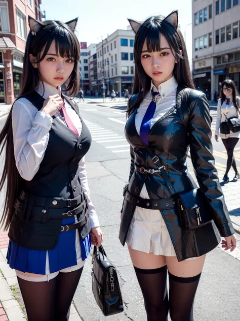 RAW photo, best quality, masterpiece:1.2), (realistic, photo-realistic:1.37), (omertosa),1girl,(aegyo sal:1), ((puffy eyes)) thigh highs, huge breasts,(full body), looking at viewer, facing front,(black legwear),(collared shirt:1.1), bowtie,pleated skirt, (Zettai Ryouiki), cute, tokyo street,cityscape, professional lighting, photon mapping, radiosity, physically-based rendering, cat ears,full-face-blush, gloom \(expression\), (shy),black hair, <lora:arknightsTexasThe_v10:1>