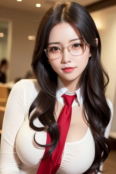 best quality, ultra high res, (photorealistic:1.4), detailed shiny skin,ulzzang-6500,office woman, wavy black hair,long hair,red_eyes,silk stockings,high-heeled shoes,(necktie),big breasts,(smiling),facing front, <lora:koreanDollLikeness_v10:0.4>, sexy, glasses