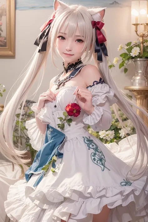 (RAW photo:1.2), ((photorealistic:1.4),(masterpiece:1.3),(best quality:1.4),ultra high res,(detailed facial features),(detailed clothes features),HDR,8k resolution, solo focus, bangs, skin tight, (shiny skin),(slender girl),dreamlike,
(extreme detailed illustration),check commentary,commentary request,scenery,no text,
white cat ear, white cat tail,
white hair, long hair, twin_tail,bunches,
medium breasts,
dress, ribbon collar,
smile.