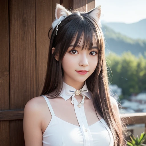 1girl,(RAW photo:1.2), ((photorealistic:1.4),(masterpiece:1.3),(best quality:1.4),ultra high res,(detailed facial features),(detailed clothes features),HDR,8k resolution, solo focus, bangs, skin tight, (shiny skin),(slender girl),dreamlike, (extreme detailed illustration),check commentary,commentary request,scenery,no text, white cat ear, white cat tail, white hair, long hair,,bunches, medium breasts, dress, ribbon collar, smile,no teeth, <lora:chilloutmix_NiPrunedFp32Fix:1>, <lora:koreanDollLikeness_v10:0.2>, <lora:arknightsTexasThe_v10:0.6>
