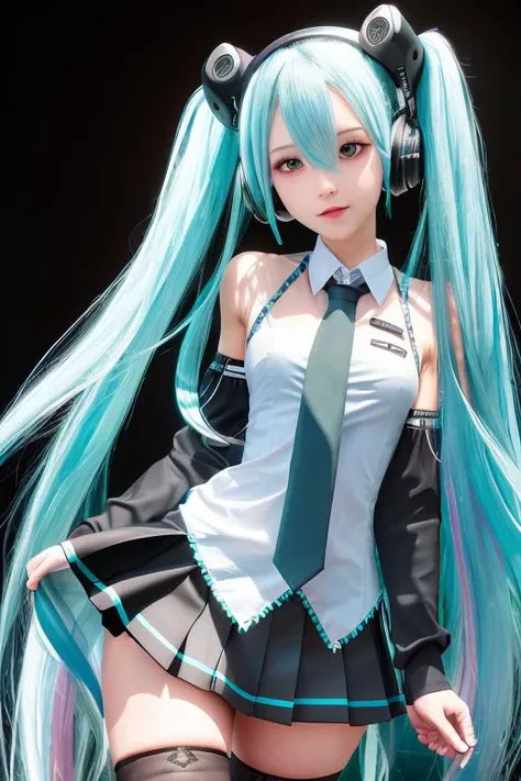 (8k, RAW photo, best quality, masterpiece:1.2),(realistic, photo-realistic:1.37), ultra-detailed, ultra high res,1girl, long hair, solo, thighhighs, twintails, very long hair, aqua hair, tattoo, aqua eyes, detached sleeves, headset, necktie, skirt, aqua necktie, full body, shoulder tattoo, aqua nails, smile, boots, standing, thigh boots, white background, black skirt, zettai ryouiki, sleeveless, headphones, pleated skirt, sleeveless shirt, simple background, shirt, number tattoo, grey shirt, black legwear, nail polish, hair between eyes, bare shoulders