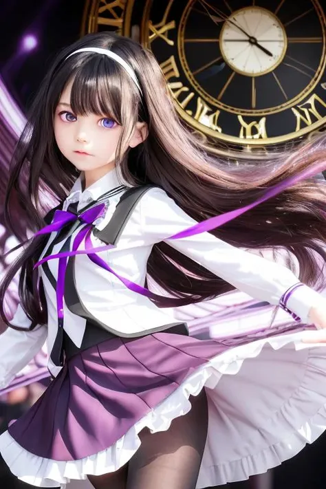 ((purple eyes)),(8k, RAW photo, best quality, masterpiece:1.2),small face, teenage, Japanese, (realistic, photo-realistic:1.37), ultra-detailed, ultra high res, (purple skirt), (black hair),  very long hair, ((black pantyhose)), ((white shirt)),black hairband, magical girl,capelet, purple  ribbon, neck ribbon, frills, argyle, standing, black legwear, expressionless, frilled skirt,long sleeves,gear in background,clock in background,(child:0.6)
