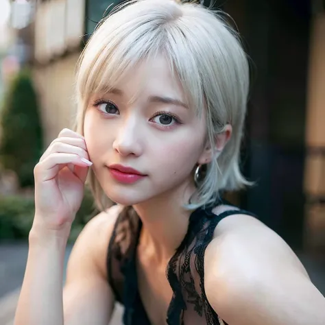 (8k, RAW photo, best quality, masterpiece:1.2), (realistic, photo-realistic:1.37), ultra high res, portrait, depth of field, contrapposto, physically-based rendering, (platinum blonde grey short hair:1), slight smile, <lora:japaneseDollLikeness_v10:0.66>, woman, girl, tokyo, (slightly turned around body:1.4), standing, <lora:fashionGirl_v26:0.6>, realistic, makeup, lips