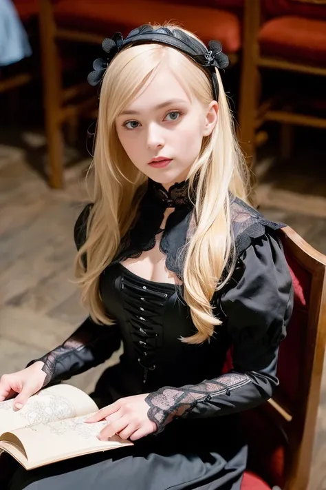 1girl, (medieval era:1.4), blonde_hair, silk lace gothic dress, sitting on a chair, full body,with a book in hand, inside the old castle, (masterpiece), (photorealistic: 1.3), ultra-detailed, (fine skin detail: 1.2), (best: 1.0), (super fine: 1.0)