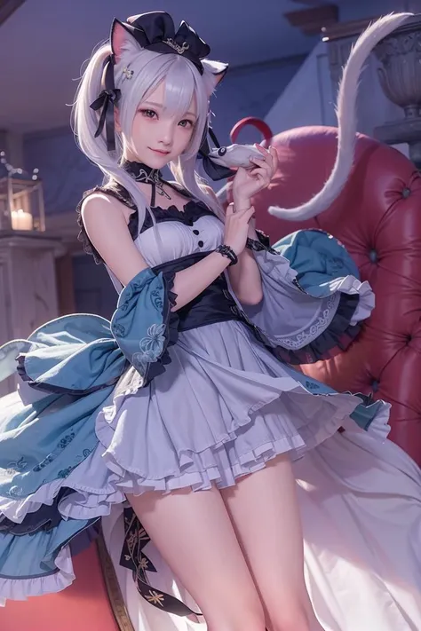 (RAW photo:1.2), ((photorealistic:1.4),(masterpiece:1.3),(best quality:1.4),ultra high res,(detailed facial features),(detailed clothes features),HDR,8k resolution, solo focus, bangs, skin tight, (shiny skin),(slender girl),dreamlike,
(extreme detailed illustration),check commentary,commentary request,scenery,no text,
white cat ear, white cat tail,
white hair, long hair, twin_tail,bunches,
medium breasts,
dress, ribbon collar,
smile.