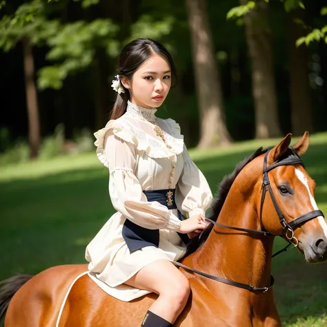girl sitting on a horse ,19th century clothes, (best quality: 1.0), (ultra high definition: 1.0), (beautiful girl: 1.4), (masterpiece), (photorealistic: 1.3 ), Ultra Detail, (High Skin Detail: 1.2), (Best Quality: 1.0), (Ultra High Definition: 1.0), (Masterpiece), (Photorealistic: 1.3), Super Detail, (High Skin Detail: 1.2), (Best: 1.0), (Super Slim: 1.0), (Delicate face)