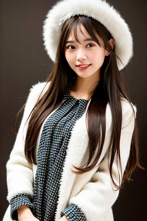 (720p,RAW photo,high quality,masterpiece:1.2),(realistic,photo-realistic:1.37),ultra-detailed, 1 girl,solo,day,(smile:1.2),(closed mouth),small breasts,(coat:1.2),(long hair:1.5),floating hair,hat,(round face:1.2),black eyes,