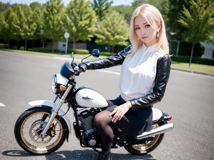 a girl sits on a motorcycle, in a light blouse and a short skirt, (vertical challenge), full body, (best quality: 1.0), (ultra high definition: 1.0), (beautiful girl: 1.4), platinum blonde hair, (masterpiece), (photorealistic: 1.3 ), Ultra Detail, (High Skin Detail: 1.2), (Best Quality: 1.0), (Ultra High Definition: 1.0), (Masterpiece), (Photorealistic: 1.3), Super Detail, (High Skin Detail: 1.2), (Best: 1.0), (Super Slim: 1.0), (Delicate face)