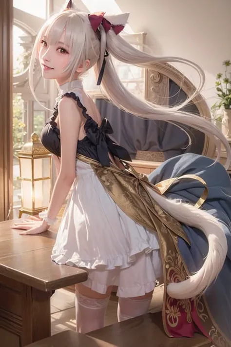 (RAW photo:1.2), ((photorealistic:1.4),(masterpiece:1.3),(best quality:1.4),ultra high res,(detailed facial features),(detailed clothes features),HDR,8k resolution, solo focus, bangs, skin tight, (shiny skin),(slender girl),dreamlike,
(extreme detailed illustration),check commentary,commentary request,scenery,no text,
white cat ear, white cat tail,
white hair, long hair, twin_tail,bunches,
medium breasts,
dress, ribbon collar,
smile.