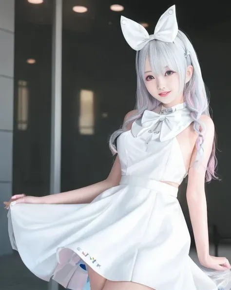 sxeyez,( raw photo:1.2),(( photorealistic:1.4),( masterpiece:1.3),( best quality:1.4), ultra high res,( detailed facial features),( detailed clothes features), hdr, 8k resolution, solo focus, bangs, skin tight,( shiny skin),( slender girl), dreamlike,( extreme detailed illustration), check commentary, commentary request, scenery, no text, white cat ear, white cat tail, white hair, long hair, bunches, medium breasts, dress, ribbon collar, smile, no teeth,<lora:koreanDollLikeness_v10:0.2>, masterpiece, best quality <lora:aronaBlueArchive_v1:1>