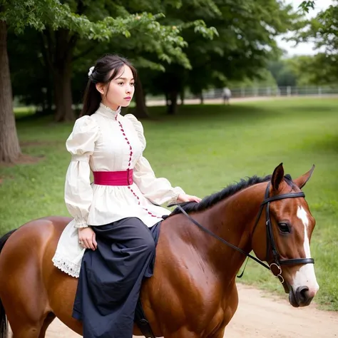 girl sitting on a horse ,19th century clothes, (best quality: 1.0), (ultra high definition: 1.0), (beautiful girl: 1.4), (masterpiece), (photorealistic: 1.3 ), Ultra Detail, (High Skin Detail: 1.2), (Best Quality: 1.0), (Ultra High Definition: 1.0), (Masterpiece), (Photorealistic: 1.3), Super Detail, (High Skin Detail: 1.2), (Best: 1.0), (Super Slim: 1.0), (Delicate face)