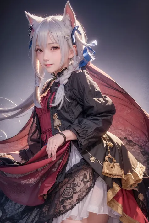 (RAW photo:1.2), ((photorealistic:1.4),(masterpiece:1.3),(best quality:1.4),ultra high res,(detailed facial features),(detailed clothes features),HDR,8k resolution, solo focus, bangs, skin tight, (shiny skin),(slender girl),dreamlike,
(extreme detailed illustration),check commentary,commentary request,scenery,no text,
white cat ear, white cat tail,
white hair, long hair, twin_tail,bunches,
medium breasts,
dress, ribbon collar,
smile.