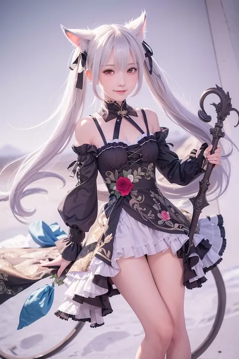 (RAW photo:1.2), ((photorealistic:1.4),(masterpiece:1.3),(best quality:1.4),ultra high res,(detailed facial features),(detailed clothes features),HDR,8k resolution, solo focus, bangs, skin tight, (shiny skin),(slender girl),dreamlike,
(extreme detailed illustration),check commentary,commentary request,scenery,no text,
white cat ear, white cat tail,
white hair, long hair, twin_tail,bunches,
medium breasts,
dress, ribbon collar,
smile.