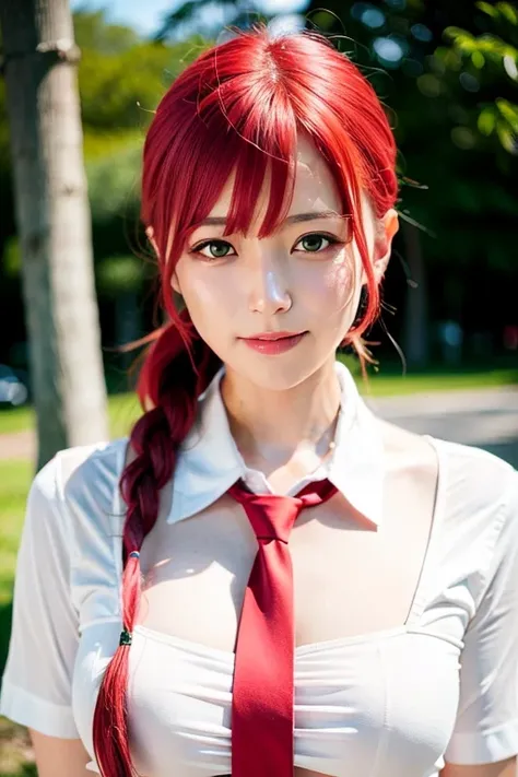 best quality, ultra high res, (photorealistic:1.4), detailed shiny skin,ulzzang-6500, makima \(chainsaw man\), (red hair)+(long braided hair)+(bangs),yello_eyes,(necktie),<lora:ch_Makima_chainsawman:0.6>,delicate breasts,((white shirt)),small nipples,big breasts,(smiling),facing front,
<lora:koreanDollLikeness_v10:0.4>