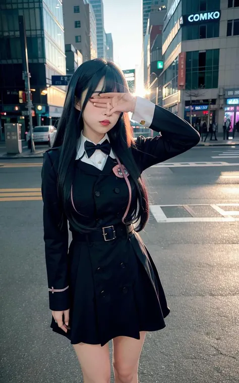 (inoue takina, cosplay, lycoris uniform:1.2), (8k, RAW photo, best quality, masterpiece:1.2), (realistic, photo-realistic:1.37), (omertosa),1girl, thigh highs, huge breasts,(full body), looking at viewer, facing front, tokyo street,cityscape, professional lighting, photon mapping, radiosity, physically-based rendering, full-face-blush, gloom \(expression\), (shy),black hair, <lora:koreanDollLikeness_v10:0.5> <lora:coveringEyesPoseLORA_coveringEyes:1>,covering eyes