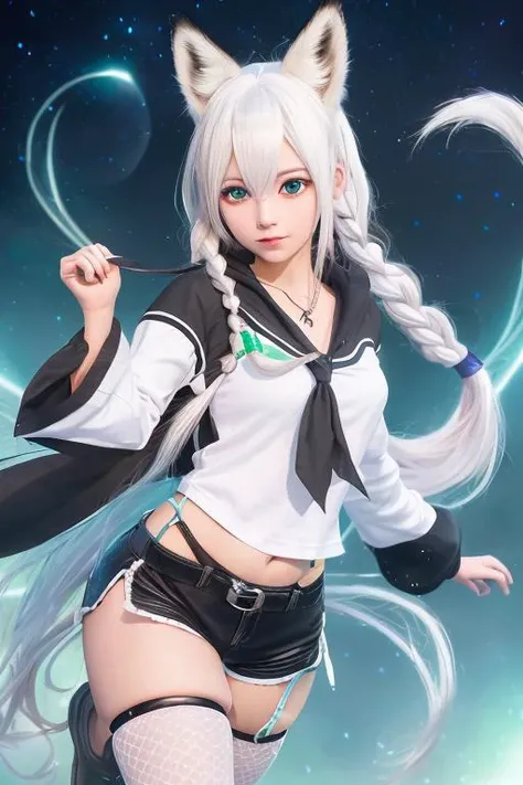 (8k, RAW photo, best quality, masterpiece:1.2),(realistic, photo-realistic:1.37), ultra-detailed, ultra high res,1girl, animal ears, fox ears, fox girl, fox tail, tail, virtual youtuber,ahoge, braid, long hair, black shorts,(white hoodie), (white sleeves), (blue neckerchief),white detached sleeves, thighhighs, hair between eyes, single thighhigh, single braid, side braid, black footwear, breasts, white hair, solo, navel, green eyes, fox shadow puppet, medium breasts, boots, collarbone, ponytail, short shorts, thigh strap