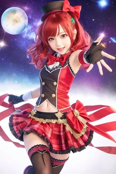 (8k, RAW photo, best quality, masterpiece:1.2), small face, teenage, (realistic, photo-realistic:1.37), ultra-detailed, ultra high res,1girl,navel,red hair, solo, thighhighs, boots, gloves, fingerless gloves, (small) top hat, purple eyes, [[[open mouth]]],whit skirt, smile, navel, sparkle background, bow, zettai ryouiki,shooting star, microphone stand,