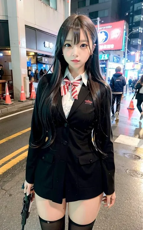 (inoue takina, lycoris uniform:1.3), (8k, RAW photo, best quality, masterpiece:1.2), (realistic, photo-realistic:1.37), (omertosa),1girl, thigh highs, huge breasts,(full body), looking at viewer, facing front, tokyo street,cityscape, professional lighting, photon mapping, radiosity, physically-based rendering, full-face-blush, gloom \(expression\), (shy),black hair ,holing hand gun, <lora:koreanDollLikeness_v10:0.7>,(Gun holding hand:1)