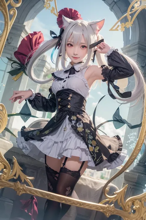 (RAW photo:1.2), ((photorealistic:1.4),(masterpiece:1.3),(best quality:1.4),ultra high res,(detailed facial features),(detailed clothes features),HDR,8k resolution, solo focus, bangs, skin tight, (shiny skin),(slender girl),dreamlike,
(extreme detailed illustration),check commentary,commentary request,scenery,no text,
white cat ear, white cat tail,
white hair, long hair, twin_tail,bunches,
medium breasts,
dress, ribbon collar,
smile.