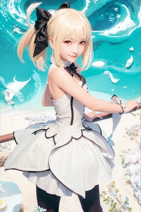 (RAW photo:1.2), ((photorealistic:1.4),(masterpiece:1.3),(best quality:1.4),ultra high res,(detailed facial features),(detailed clothes features),HDR,8k resolution, solo focus, bangs, skin tight, (shiny skin),(slender girl),dreamlike,
(extreme detailed illustration),check commentary,commentary request,scenery,no text,
white cat ear, white cat tail,
white hair, long hair, twin_tail,bunches,
medium breasts,
dress, ribbon collar,
smile.