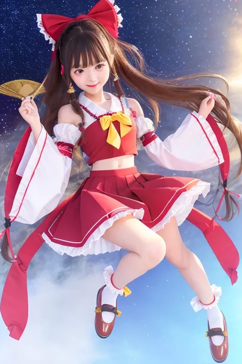 (8k, RAW photo, best quality, masterpiece:1.2),teenage, (Japanese), (realistic, photo-realistic:1.37), ultra-detailed, ultra high res, navel, bare shoulders, detached sleeves,gohei, hair tubes, ribbon-trimmed sleeves, ribbon trim,1girl, bow, hair bow, ascot, red bow, nontraditional miko, red skirt, brown hair, brown eyes, socks, skirt, mary janes, miko, frilled bow, shoes, ofuda, sarashi, yellow ascot, long hair, wide sleeves, smile, frills, oonusa, bobby socks,