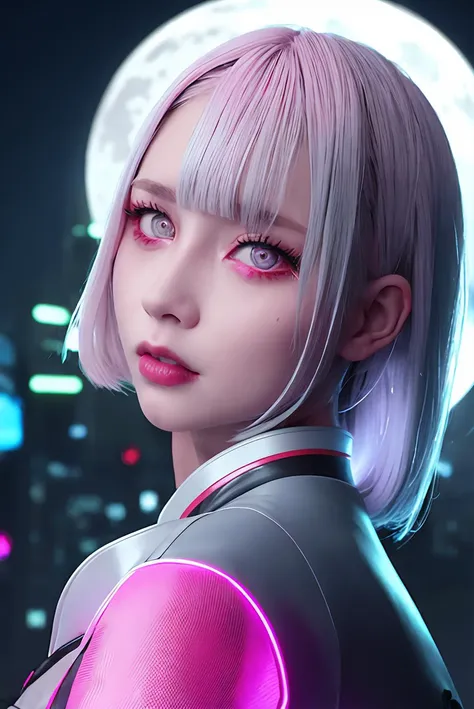 lucy \(cyberpunk\), 1girl,  hair scrunchie, hime cut, silver hair, colored tips, full moon, grey eyes, jacket, long sleeves, looking at viewer, medium hair, multicolored hair, parted bangs, parted lips, pink hair, portrait, red eyeliner, red lips, solo, white jacket, cyberpunk \(series\), rainy night in a cyberpunk city with glowing neon lights

 <lora:koreanDollLikeness_v10:0.2> <lora:lucyCyberpunk_35Epochs:0.6>