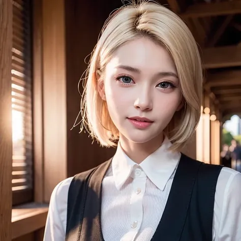 masterpiece,best quality,official art,extremely detailed CG unity 8k wallpaper,1girl, ultra high res, (photorealistic:1.4), golden hour lighting, open white shirt, black tie, face, close up, (platinum blonde hair:1), blue eyes, short hair, looking at viewer, facing front, smiling, <lora:taiwanDollLikeness_v10:0.4>