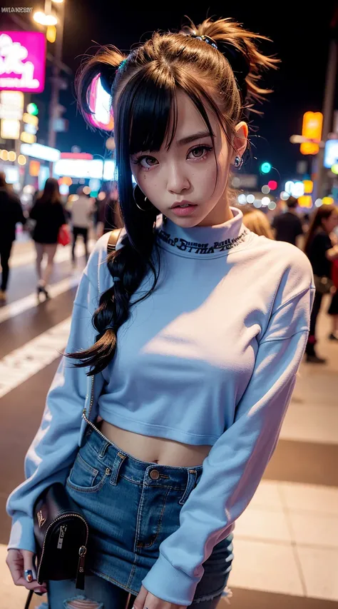 Realistic, Photorealistic, NSFW, solo, solo focus, cinematic light, tokyo at night, (leaning forward:1.2), inside shopping center, (finely detailed face and beautiful eyes:1.2), (masterpiece:1.5), (best quality:1.2), kawaii eyes, dynamic pose, (punk style:1.1), (long jeans skirt:1.3), wrapped skirt, long colorful hair, (blue twin tail:1.2), white long eyelashes, leather choker, (rugged sweatshirt with print:1.2), long sleeves, (hair clips), red eye makeup, people in background, (piercings:1.2), (street fashion:1.2), streetwear, sneakers, cowboy shot, looking at viewer, breasts, standing, slender, (ulzzang-6500:0.8), handbag