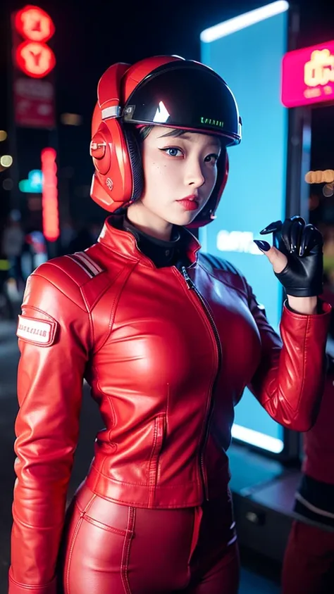 photography of a beautiful Chinese girl, 1girl,
<lora:koreanDollLikeness_v10:0.40>,
8k. ultra high res, ultra detailed, physically-based rendering, best quality, solo focus, looking at viewer. 35mm, film photography, studio quality, film grain,
(realistic, photo-realistic:1.2), (high detailed skin:1.4),(pose:1.4),
city lights, ((neon cyberpunk city street:1.3)), (neon lights),detailed lighting, red rim lighting, blue key light, (darksynth:1.4),
a close up portrait photo,
(close-up:1.3)
beautiful detailed eyes,red hair,thigh highs,(red leather jacket:1.3), (astronaut helmet:1.2),(Lunar Extravehicular Visor Assembly:1.2), (pants:1.3), (Vaporwave:1.2),face shield