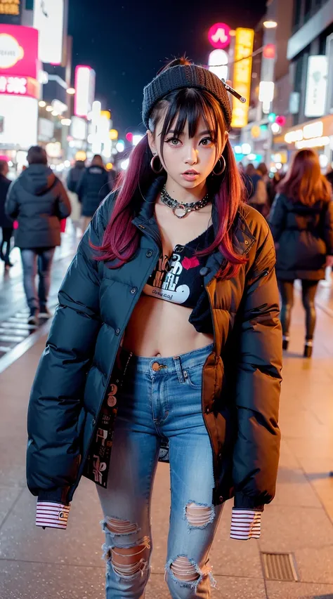 Realistic, Photorealistic, NSFW, solo, solo focus, cinematic light, tokyo at midnight, shinjuku, street photography, (finely detailed face and beautiful eyes:1.2), (masterpiece:1.5), (best quality:1.2), kawaii eyes, dynamic pose, (punk style:1.1), (long jeans skirt:1.3), summer dress, long colorful hair, (blue twin tail:1.2), white long eyelashes, leather choker, (rugged sweatshirt with skull print), (cute big winter jacket:1.4), long sleeves, (hair clips), red eye makeup, people in background, (piercings:1.2), (street fashion:1.2), streetwear, cowboy shot, looking at viewer, breasts, standing, slender, (ulzzang-6500:0.5), thin nose