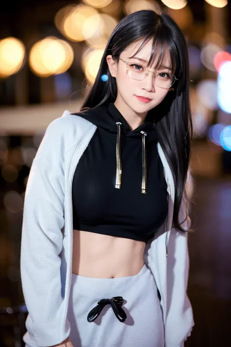 (8k, RAW photo, best quality, masterpiece:1.2), (realistic, photo-realistic:1.37), best quality, ultra high res, professional lighting, photon mapping, radiosity, physically-based rendering, cinematic lighting, 1girl, ((glasses)), hoodie, sweatpants, naughty face, cute, laughing, happy, (Kpop idol), (aegyo sal:1), long black hair, bangs, ((puffy eyes)), looking at viewer, posing, full body, medium breasts, busty, cityscape, night, (bokeh:1.4), <lora:koreanDollLikeness_v10:0.6>