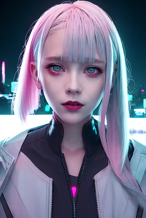 lucy \(cyberpunk\), 1girl, hair scrunchie, hime cut, silver hair, colored tips, full moon, grey eyes, jacket, long sleeves, looking at viewer, medium hair, multicolored hair, parted bangs, parted lips, pink hair, portrait, red eyeliner, red lips, solo, white jacket, cyberpunk \(series\), rainy night in a cyberpunk city with glowing neon lights
<lora:koreanDollLikeness_v10:0.2> <lora:lucyCyberpunk_35Epochs:0.6>