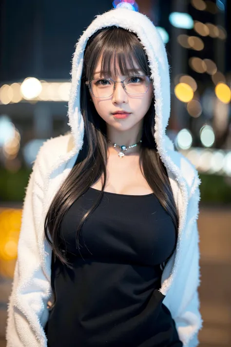 (8k, RAW photo, best quality, masterpiece:1.2), (realistic, photo-realistic:1.37), best quality, ultra high res, professional lighting, photon mapping, radiosity, physically-based rendering, cinematic lighting, 1girl, ((glasses)), hoodie, sweatpants, naughty face, cute, laughing, happy, (Kpop idol), (aegyo sal:1), long black hair, bangs, ((puffy eyes)), looking at viewer, posing, full body, medium breasts, busty, cityscape, night, (bokeh:1.4), <lora:koreanDollLikeness_v10:0.6>