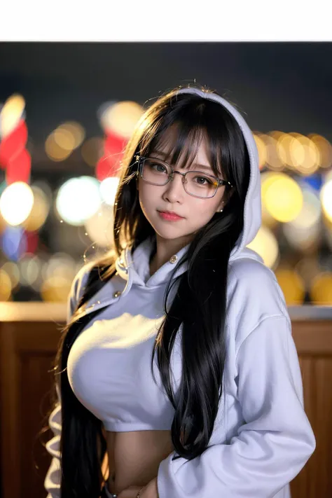 (8k, RAW photo, best quality, masterpiece:1.2), (realistic, photo-realistic:1.37), best quality, ultra high res, professional lighting, photon mapping, radiosity, physically-based rendering, cinematic lighting, 1girl, ((glasses)), ((hoodie)), ((sweatpants)), naughty face, cute, laughing, happy, (Kpop idol), (aegyo sal:1), long black hair, bangs, ((puffy eyes)), looking at viewer, posing, full body, medium breasts, busty, cityscape, night, (bokeh:1.4), <lora:koreanDollLikeness_v10:0.6>