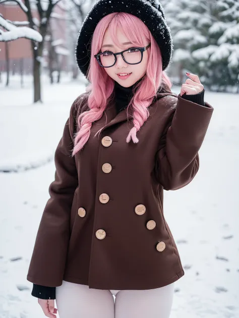 NSFW, ((Kpop idol)), ((puffy eyes)), (aegyo sal:1), (pink Hair:1), (smile), glasses, ((black shirt)), ((brown coat)), ((white legging)), <koreanDollLikeness_v10>, ((winter, snow, local park)),