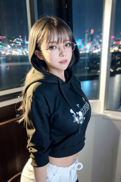 (8k, RAW photo, best quality, masterpiece:1.2), (realistic, photo-realistic:1.37), best quality, ultra high res,  professional lighting, photon mapping, radiosity, physically-based rendering, cinematic lighting, 1girl, ((glasses)), ((hoodie)), ((sweatpants)), naughty face, cute, laughing, happy, (Kpop idol), (aegyo sal:1), long black hair, bangs, ((puffy eyes)), looking at viewer, posing, full body, medium breasts, busty, cityscape, night, (bokeh:1.4), <lora:koreanDollLikeness_v10:0.6>