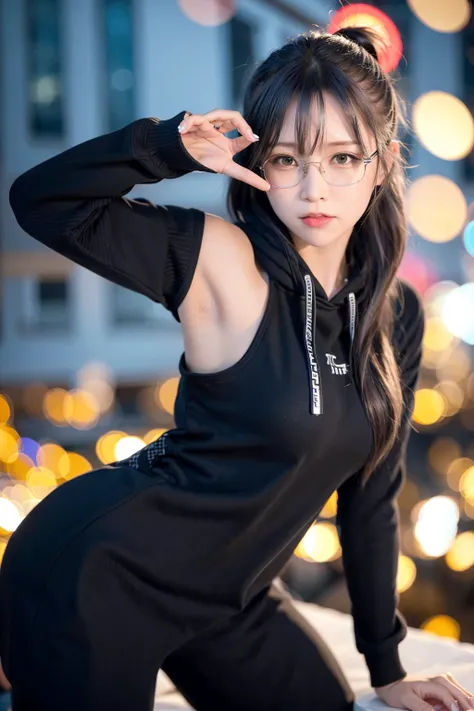 (8k, RAW photo, best quality, masterpiece:1.2), (realistic, photo-realistic:1.37), best quality, ultra high res, professional lighting, photon mapping, radiosity, physically-based rendering, cinematic lighting, 1girl, ((glasses)), ((hoodie)), ((sweatpants)), naughty face, cute, laughing, happy, (Kpop idol), (aegyo sal:1), long black hair, bangs, ((puffy eyes)), looking at viewer, posing, full body, medium breasts, busty, cityscape, night, (bokeh:1.4), <lora:koreanDollLikeness_v10:0.6>
