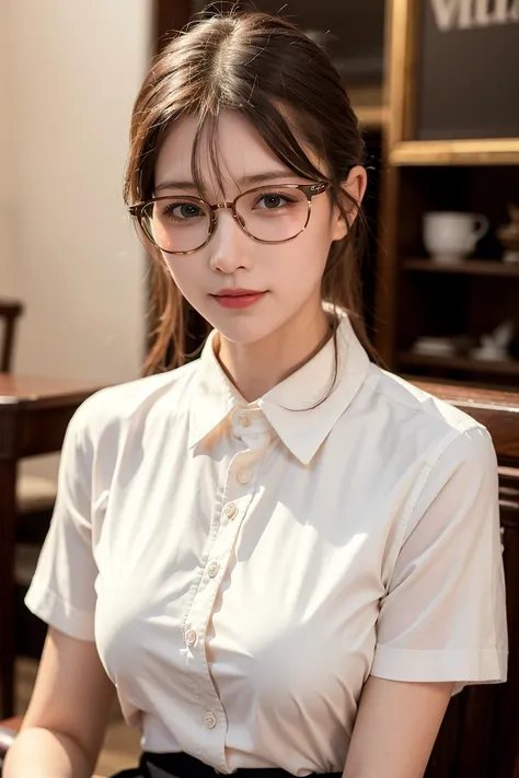 (extremely detailed CG unity 8k wallpaper), (masterpiece), (RAW photo, best quality), (realistic, photo-realistic:1.3), 1girl, coffeehouse, white collared opaque shirt, puffy eyes, smile, close up portrait photo, <lora:koreanDollLikeness_v10:0.35>, ((glasses)), sitting,
