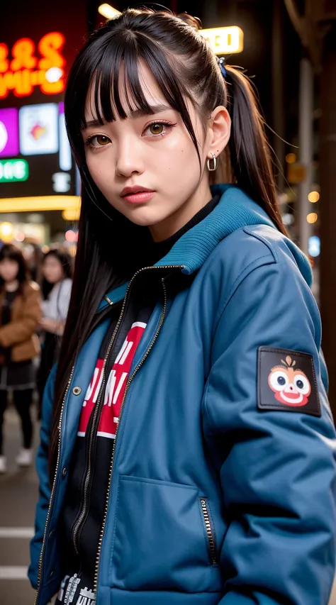 Realistic, Photorealistic, solo, solo focus, cinematic lighting, (tokyo after midnight:1.2), (finely detailed face and beautiful eyes:1.2), (masterpiece:1.5), (best quality:1.2), (dynamic pose:1.3), (punk style:1.2), (red checkered skirt), blue hair, stranded hair, twintail, leather choker, (rugged sweatshirt), (big winter jacket:1.5), long sleeves, (hair clips), red eye makeup, people in background, (piercings:1.1), (street fashion:1.3), looking at viewer, small breasts, slender, (ulzzang-6500:0.4), undercut, (smiling), ((puffy eyes))