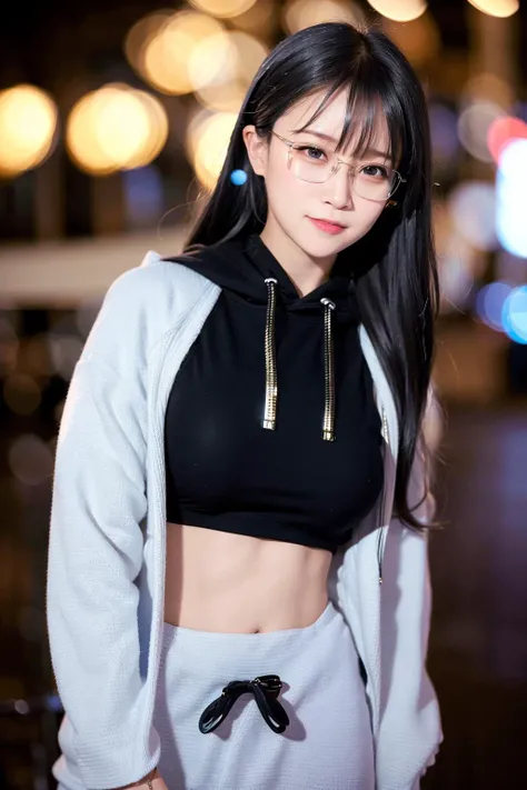 (8k, RAW photo, best quality, masterpiece:1.2), (realistic, photo-realistic:1.37), best quality, ultra high res, professional lighting, photon mapping, radiosity, physically-based rendering, cinematic lighting, 1girl, ((glasses)), hoodie, sweatpants, naughty face, cute, laughing, happy, (Kpop idol), (aegyo sal:1), long black hair, bangs, ((puffy eyes)), looking at viewer, posing, full body, medium breasts, busty, cityscape, night, (bokeh:1.4), <lora:koreanDollLikeness_v10:0.6>