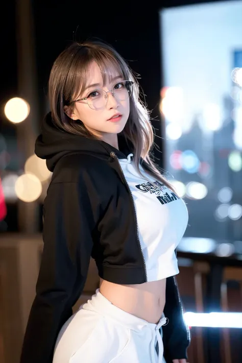 (8k, RAW photo, best quality, masterpiece:1.2), (realistic, photo-realistic:1.37), best quality, ultra high res, professional lighting, photon mapping, radiosity, physically-based rendering, cinematic lighting, 1girl, ((glasses)), ((hoodie)), ((sweatpants)), naughty face, cute, laughing, happy, (Kpop idol), (aegyo sal:1), long black hair, bangs, ((puffy eyes)), looking at viewer, posing, full body, medium breasts, busty, cityscape, night, (bokeh:1.4), <lora:koreanDollLikeness_v10:0.6>
