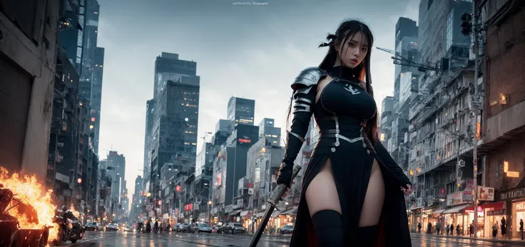 8k,RAW photo,(extremely detailed CG unity 8k wallpaper), ( masterpiece:1.2), (best quality), (ultra-detailed), (best illustration), (best shadow), (photorealistic:1.4),realistic,full body, military uniform,<lora:yaeMikoRealistic_yaemikoMixed:0.6>,idolmaster,chinese,looking away,(wide shot),negative space,projected inset,letterboxed,vanishing point,1 muscle girl,strong girl,greaves,dirty clothes, blood splatter, armor,dam,fire,retro artstyle,armored dress,breastplate, holding long sword, cyberpunk, armored dress, (long hair:1.9), (large breasts:1.4),city,