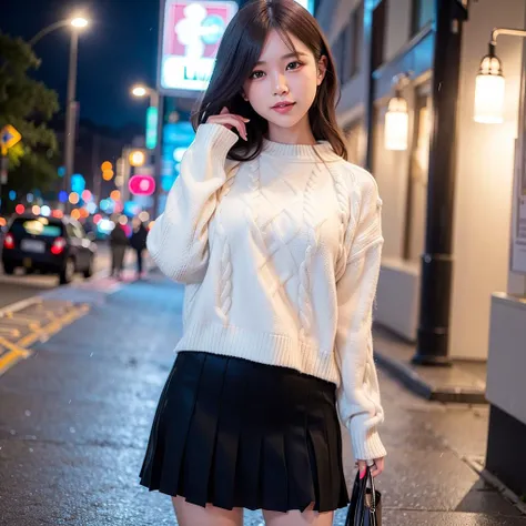 <lora:koreanDollLikeness_v10:0.3>,<lora:taiwanDollLikeness_v10:0.2>(8k, RAW photo, best quality, masterpiece:1.2), (realistic, photo-realistic:1.37), ultra-detailed,1girl,solo, cute, beautiful detailed sky, raining night, detailed street background,(nose blush),(smile:1.1),(closed mouth) medium breasts, beautiful detailed eyes, short black hair, legs, causal cloth,full body, slime girl,correct hands amount, sweater and skirt,