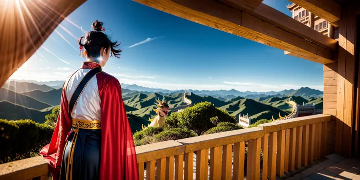 hanfu, china dress, man,china building, sunlight,great,night, sun,chinse dragon,
