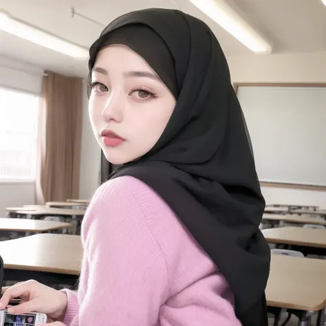 best quality, ultra high res, ulzzang-6500, (high detailed skin:1.2), RAW photo, masterpiece,(wearing hijab:1.1), long sleeves, [:(detailed face:1.2):0.2], shiny eyes, looking at viewer, thick eyebrows, pink lips, eye shadow, close mouth, back on, dslr, soft lighting, high quality, film grain, Fujifilm XT3 8k uhd, bokeh,
masterpiece, indoor, (classroom:1.1),