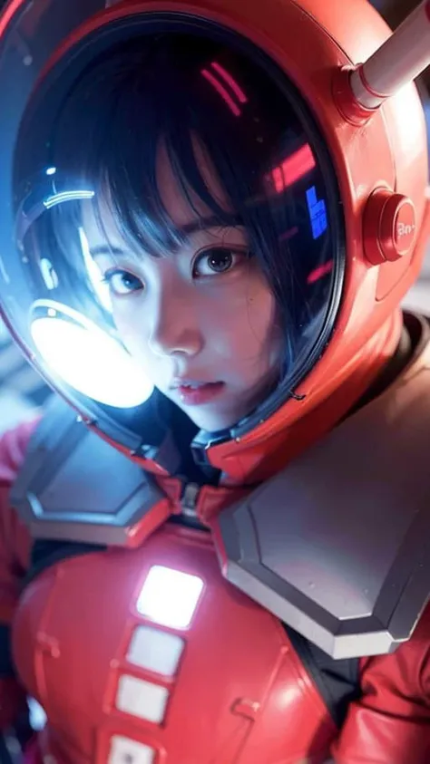 photography of a beautiful Chinese girl, 1girl,
<lora:koreanDollLikeness_v10:0.4>,
8k, (ultra high res), ultra detailed, physically-based rendering, best quality, solo focus, looking at viewer,
(realistic, photo-realistic:1.2), (high detailed skin:1.6),(pose:1.4),
((neon cyberpunk spaceship:1.3)), red rim lighting, blue key light, (neon lights),
a close up portrait photo,
(close-up:1.4)
beautiful detailed eyes,blue hair,thigh highs, (astronaut helmet:1.2),(Lunar Extravehicular Visor Assembly:1.2), (pants:1.3), (Vaporwave:1.2),face shield,
<lora:duoduo_v1:0.3>, (red space suit:1.3),(low key lighting:1.4), (ambient lighting),
