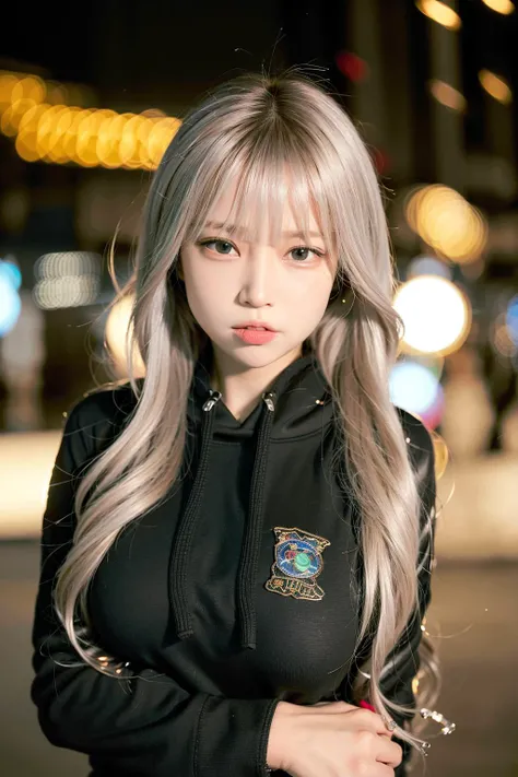 (8k, RAW photo, best quality, masterpiece:1.2), (realistic, photo-realistic:1.37), best quality, ultra high res, professional lighting, photon mapping, radiosity, physically-based rendering, cinematic lighting, 1girl, hoodie, sweatpants, naughty face, cute, laughing, happy, (Kpop idol), (aegyo sal:1), long black hair, bangs, ((puffy eyes)), looking at viewer, posing, full body, medium breasts, busty, cityscape, night, (bokeh:1.4), <lora:koreanDollLikeness_v10:0.66>