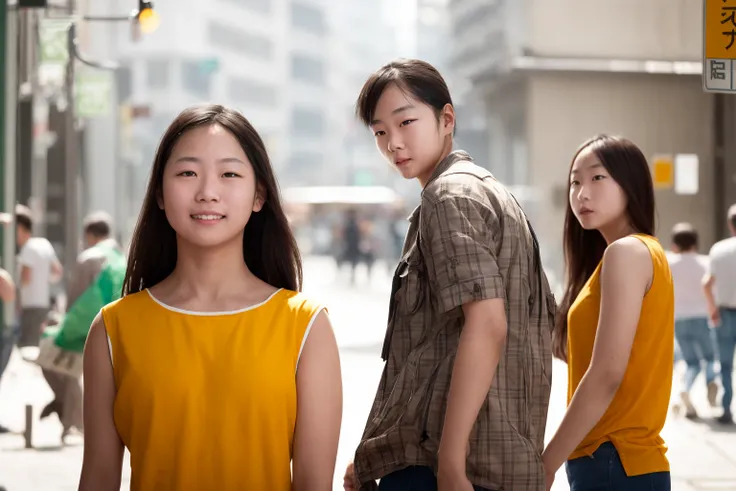 1 out-of-scope girl at left, 1 girl at right, 1 male at center,
outdoors, street, day, depth of field, Shanghai, (photorealistic:1.4)