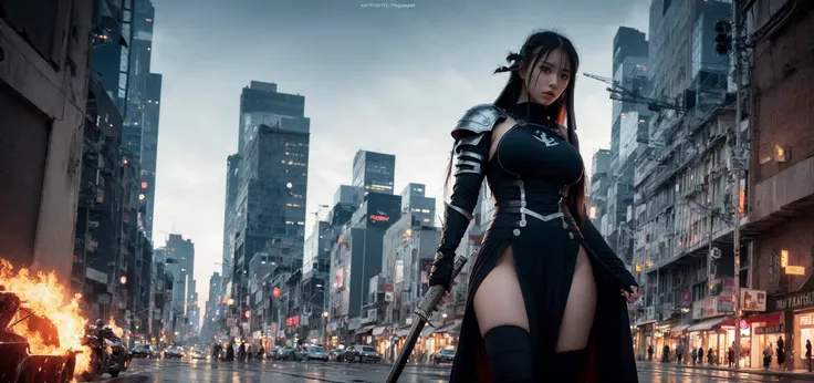 8k,RAW photo,(extremely detailed CG unity 8k wallpaper), ( masterpiece:1.2), (best quality), (ultra-detailed), (best illustration), (best shadow), (photorealistic:1.4),realistic,full body, military uniform,<lora:yaeMikoRealistic_yaemikoMixed:0.6>,idolmaster,chinese,looking away,(wide shot),negative space,projected inset,letterboxed,vanishing point,1 muscle girl,strong girl,greaves,dirty clothes, blood splatter, armor,dam,fire,retro artstyle,armored dress,breastplate, holding long sword, cyberpunk, armored dress, (long hair:1.9), (large breasts:1.4),city,